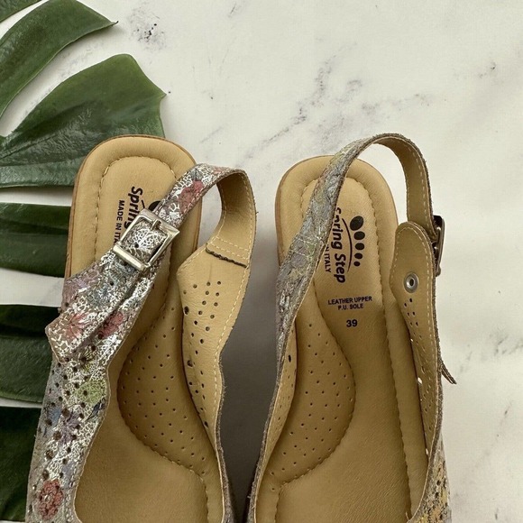 Spring Step Wedge Sandals Size 39 Purple Silver Perforated Leather Sling Back - Picture 4 of 7